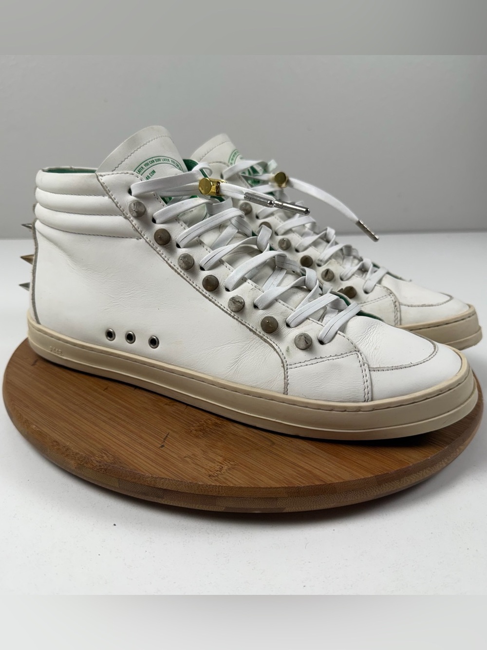 P448 White Leather High-Top Sneakers with Green Trim Custom Spiked Studs